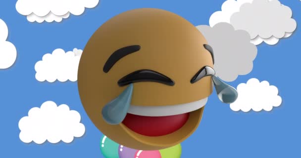 Animation Sourire Icône Emoji Avec Des Nuages Sur Fond Bleu — Video