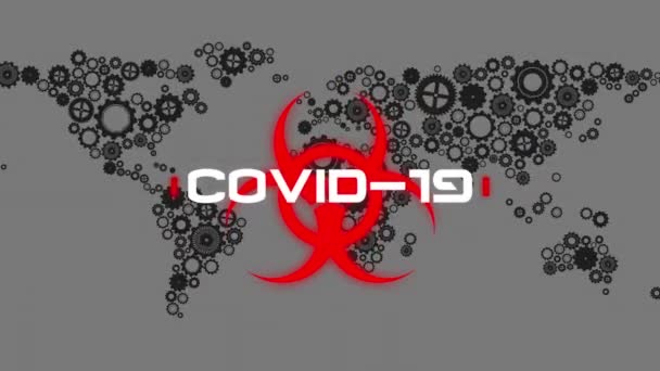 科维德19的动画警告文字在Cogs和世界地图上 全球联盟19大流行病概念数码视频 — 图库视频影像