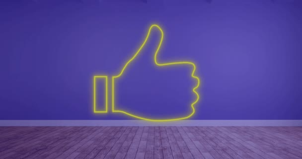 Animation Neon Tumme Upp Ikonen Över Lila Bakgrund Sociala Medier — Stockvideo