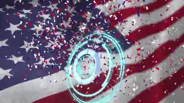 旋转安全锁的动画和红白蓝相间的彩旗飘落在飘扬的美国国旗上 独立和庆祝概念数码录像 — 图库视频影像