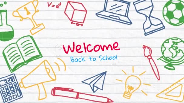 Animation Texte Rentrée Scolaire Bienvenu Icônes Colorées Sur Fond Blanc — Video