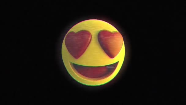 Digitální Animace Glitch Efektu Přes Srdce Oči Tvář Emoji Černém — Stock video