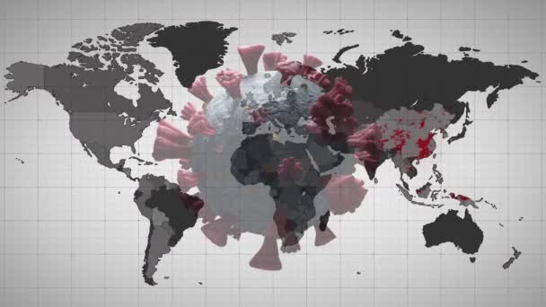 Animering Covid Cell Över Världskartan Och Databehandling Global Covid Pandemikoncept — Stockvideo