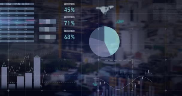 Animação Processamento Dados Financeiros Longo Paisagem Urbana Negócio Global Conexões — Vídeo de Stock