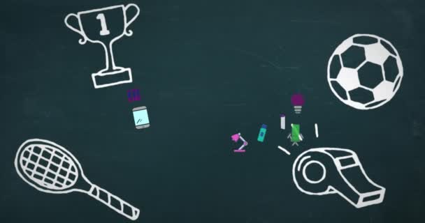 Animace barevných školní předměty ikony na černém pozadí. koncepce vzdělávání a učení digitálně generované video.