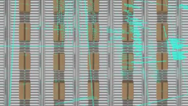 Processamento Dados Contra Visualização Aérea Várias Caixas Entrega Correia Transportadora — Vídeo de Stock