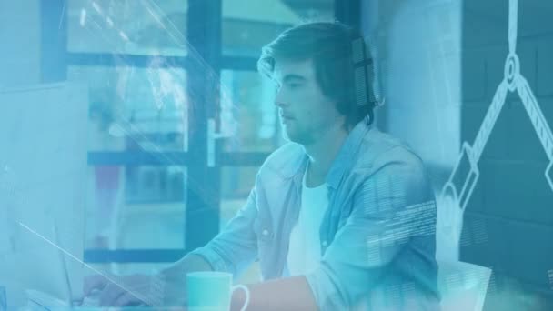 Ofiste Çalışan Adamının Finansal Veri Işleme Animasyonu Küresel Bağlantılar Dijital — Stok video