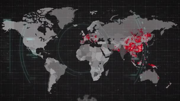 Animación Covid Cell Sobre Mapa Mundial Escaneo Alcance Procesamiento Datos — Vídeos de Stock