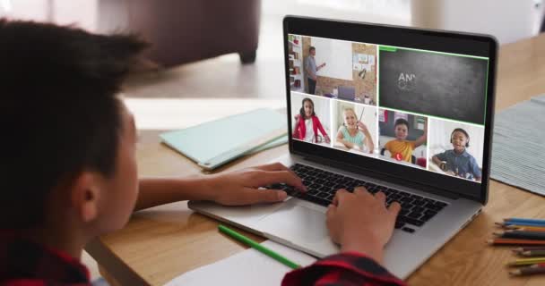 Schoolboy Using Laptop Online Lesson Home Diverse Teacher Class Screen — Stock Video