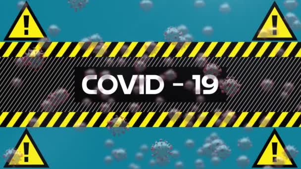 Animation Covid Cells Text Warning Tape Triangles Global Covid Pandemic — Stock Video