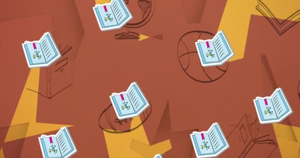 Animazione Oggetti Scolastici Icone Sfondo Arancione Concetto Istruzione Sviluppo Apprendimento — Video Stock