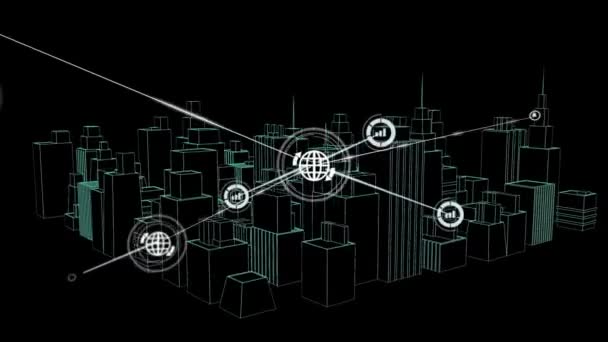 动画与图标连接的网络在3D城市画黑色背景旋转 全球连接 开发和数字接口概念数字生成视频 — 图库视频影像