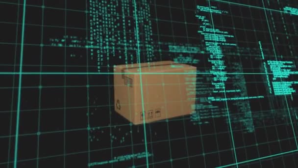 Traitement des données sur le réseau de grille sur boîte de livraison tombant sur fond noir. concept d'entreprise logistique et transport