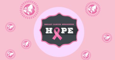 Pembe arka planda pembe küre logosu ve göğüs kanseri metni var. Göğüs kanseri pozitif farkındalık kampanyası konsepti dijital olarak oluşturuldu.