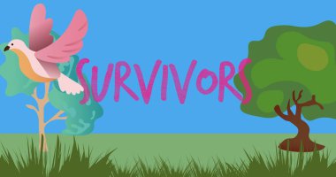 Pembe kazazedelerin kompozisyonu ağaçların ve kuşların görüntüsü üzerine yazılmış. Göğüs kanseri pozitif farkındalık kampanyası konsepti dijital olarak oluşturuldu.