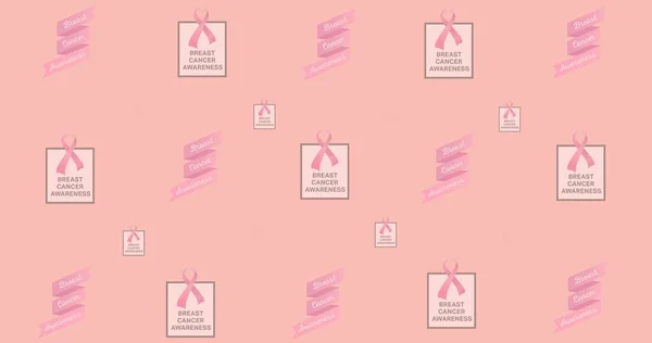 ピンクの背景に複数のリボンと乳がんテキストの構成 乳がん認知キャンペーンのコンセプトデジタル生成画像 — ストック写真