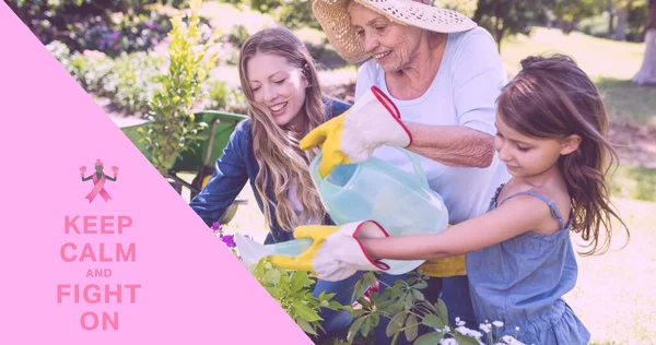 Composição Texto Outubro Câncer Mama Com Família Sorridente Livre Plantas — Fotografia de Stock