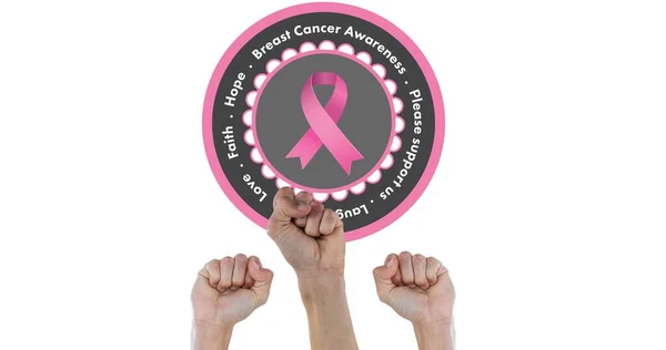 Composição Logotipo Fita Rosa Texto Câncer Mama Com Punhos Levantados — Fotografia de Stock