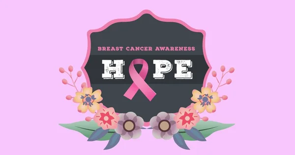 Sammansättning Rosa Band Logotyp Och Bröstcancer Text Rosa Bakgrund Bröstcancer — Stockfoto
