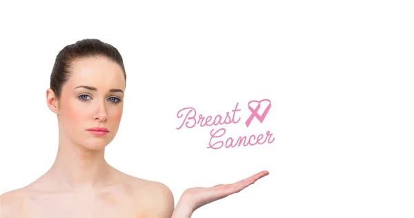 Samenstelling Van Jonge Vrouw Met Roze Lint Logo Borstkanker Tekst — Stockfoto