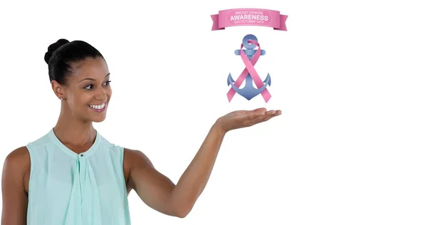 Composição Logotipo Fita Rosa Texto Câncer Mama Com Mulher Jovem — Fotografia de Stock