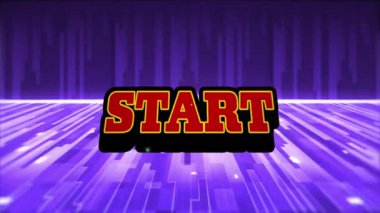 Kırmızı metnin animasyonu patlama ve mor hareketli zemin ve koyu mor şelale üzerine başlıyor. Video oyunu, eğlence ve dijital arayüz kavramı dijital olarak oluşturuldu.