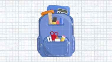 Matematiksel çizimler ve formüllerin beyaz arkaplandaki sırt çantasının üzerindeki animasyonu. eğitim ve öğrenme kavramı dijital olarak oluşturulmuş video.