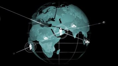 Siyah arkaplanda dönen dünya üzerindeki simgelerle bağlantı ağlarının canlandırılması. 