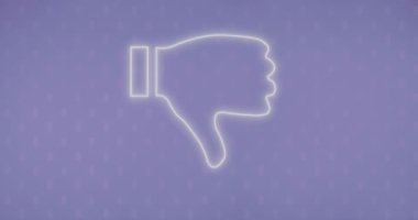 Mor arkaplan üzerinde neon başparmaklar aşağı simgesi animasyonu. Sosyal medya, bağlantılar ve dijital arayüz konsepti dijital olarak oluşturulmuş video.