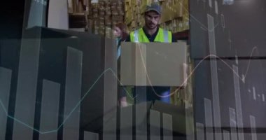 Teslimatçıyla ilgili istatistik ve finansal veri işleme animasyonu. küresel gönderim, dağıtım, iş, veri işleme ve teknoloji konsepti dijital olarak oluşturulmuş video.