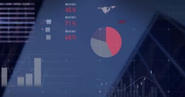 Buidlings üzerinde istatistik ve veri işleme animasyonu. küresel veri işleme, bağlantılar, teknoloji ve dijital arayüz kavramı dijital olarak oluşturulmuş video.