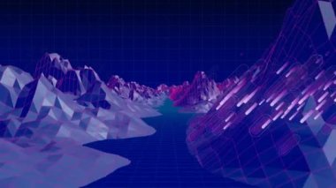 Hareket eden dijital manzara üzerinde mor ışık parlamalarının animasyonu. küresel iletişim, finans ve dijital arayüz kavramı dijital olarak oluşturulmuş video.