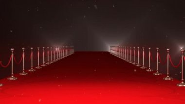 Kırmızı halı mekânına yağan karların animasyonu, paparazzi flaş lambalarıyla. eğlence, ödül töreni, olay ve kutlama konsepti dijital olarak oluşturulmuş video.