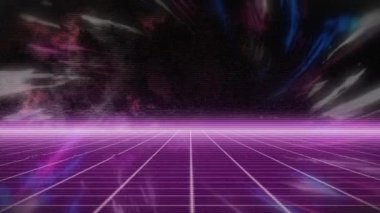 Parlayan pembe ızgara ve ufukta mavi ve pembe ışık yollarının animasyonu, siyahlar üzerinde hareket ediyor. küresel iletişim ağı ve dijital arayüz arkaplan kavramı dijital olarak oluşturulmuş video.