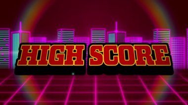 Patlama, pembe şebeke ve şehir manzarası üzerine kırmızı metin yüksek skorunun animasyonu. Video oyunu, eğlence ve dijital arayüz kavramı dijital olarak oluşturuldu.