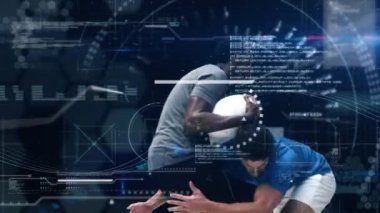 Rugby oyuncusu üzerinden veri işleme ve tarama animasyonu. spor ve yarışma konsepti dijital olarak oluşturulmuş görüntü.