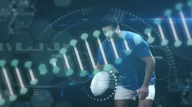 Rugby oyuncusu üzerinde veri işleme ve DNA ipliği animasyonu. spor ve yarışma konsepti dijital olarak oluşturulmuş görüntü.