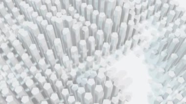 Kırmızı metin animasyonu büyük satış, hareket eden altıgen sütunlar üzerinde. perakende ticaret, iletişim ağı ve dijital arayüz konsepti dijital olarak oluşturulmuş video.