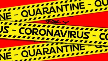 Koronavirüs animasyonu karantina uyarısı metni sarı tehlike bandı üzerinde, yarasalar üzerinde, kırmızı üzerinde. küresel covid 19 pandemik uyarı konsepti dijital olarak oluşturulmuş video.