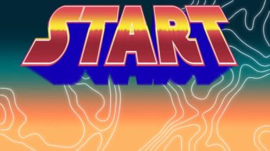 Turuncu ve sarı metinlerin animasyonu turuncu ve mavi çizgiler üzerinde başlar. Video oyunu, eğlence ve dijital arayüz kavramı dijital olarak oluşturuldu.