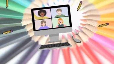 Kalemler üzerinden okula dönüş metninin animasyonu. eğitim, geliştirme ve öğrenme konsepti dijital olarak oluşturulmuş video.