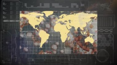 Veri işleme ve dünya haritası üzerinde covid 19 hücrenin animasyonu. küresel covid 19 salgın konsepti dijital olarak oluşturulmuş video.