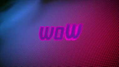 Eflatun ve pembe arkaplan üzerinde wow metin animasyonu. Video oyunu, eğlence ve dijital arayüz kavramı dijital olarak oluşturuldu.