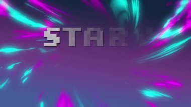 Başlangıç metninin mor ve mavi ışıklar üzerinden canlandırılması. Video oyunu, eğlence ve dijital arayüz kavramı dijital olarak oluşturuldu.