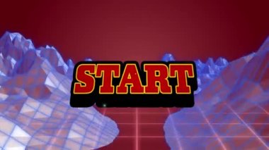 Kırmızı metin animasyonu, patlamanın ardından başlar ve pembe ızgara ile kahverengi üzerine hareket eder. Video oyunu, eğlence ve dijital arayüz kavramı dijital olarak oluşturuldu.