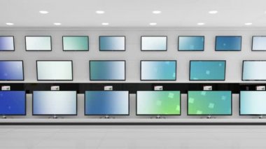 Mağazada parlayan mavi ve yeşil ekranlı sıra dizi televizyon animasyonları. küresel iletişim ve teknoloji konsepti dijital olarak oluşturulmuş video.