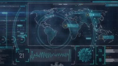 İstatistiksel dünya haritası ve veri işleme üzerinde covid 19 hücrenin animasyonu. küresel covid 19 salgın konsepti dijital olarak oluşturulmuş video.