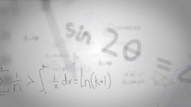 Gri arka planda yüzen matematiksel denklemlerin dijital animasyonu. Okula ve eğitim konseptine dönüş