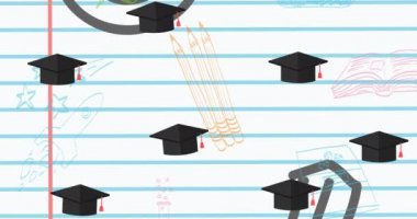 Beyaz arkaplanda hareket eden okul ögeleri simgelerinin canlandırılması. eğitim, geliştirme ve öğrenme konsepti dijital olarak oluşturulmuş video.