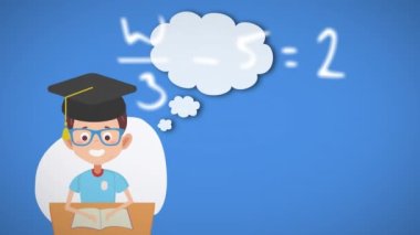 Matematiksel formüllerin ve çizimlerin okul çocuğu üzerindeki animasyonu. eğitim ve öğrenme kavramı dijital olarak oluşturulmuş video.